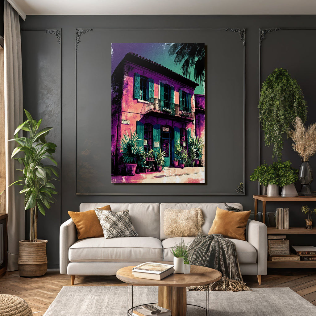 Buntes Gebäude Mit Balkon Und Blumen Cafe In Quaintem Stadtteil