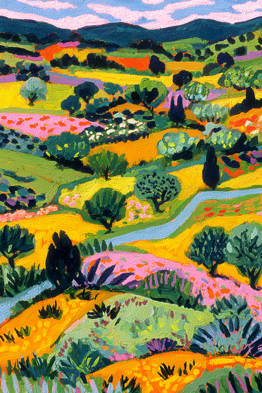 Lebendige Landschaft Mit Hügel Bäumen Und Fluss | Gruen Rosa Orange Lila | Farbenwelten