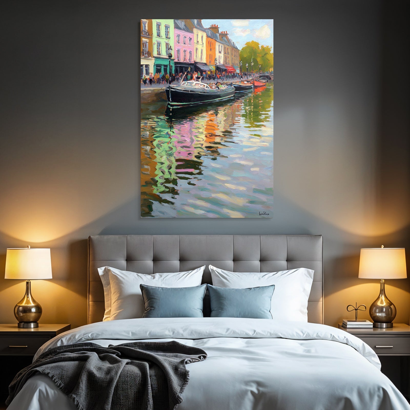 Lebendige Malerei Am Ufer Mit Bunten Gebäuden Und Boote