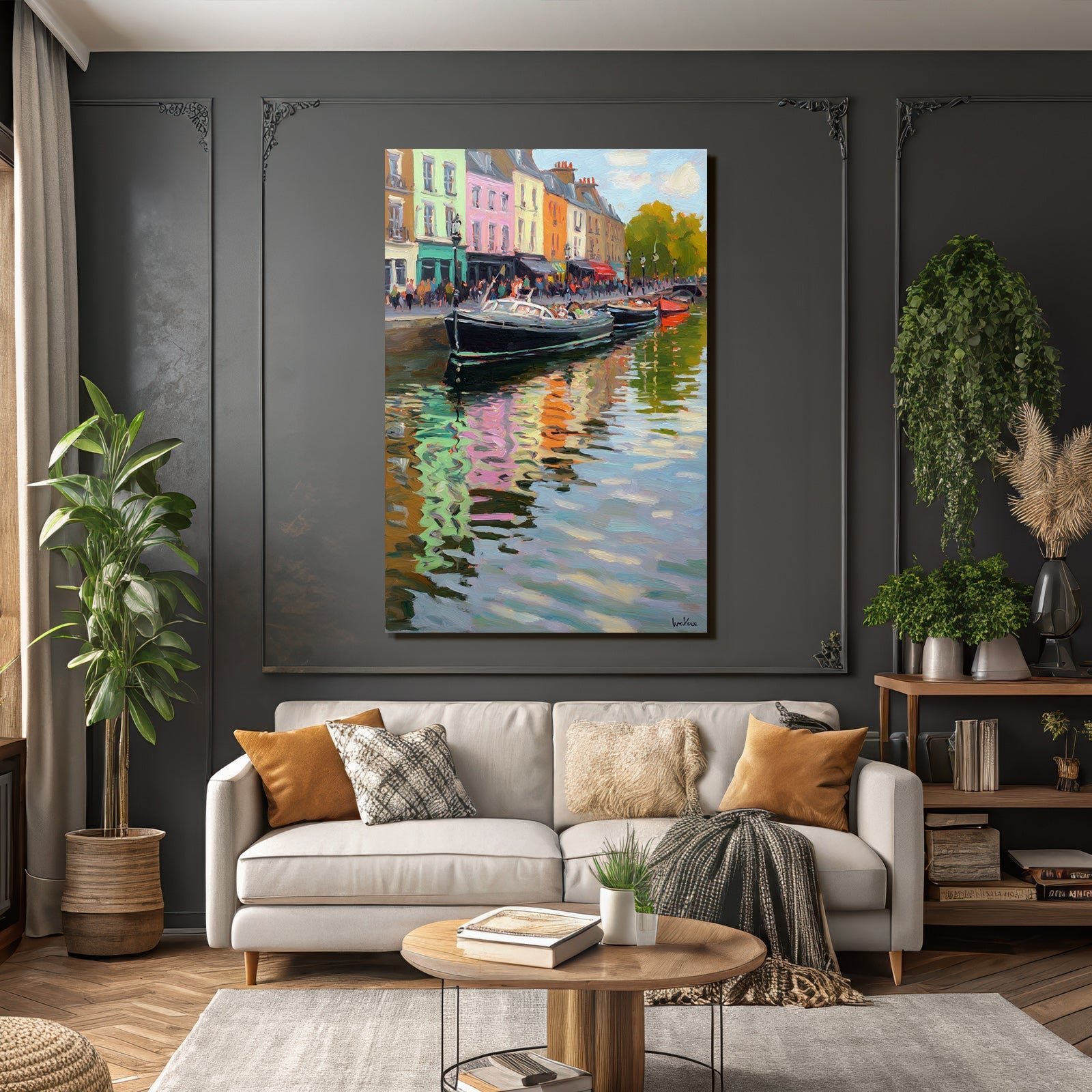 Lebendige Malerei Am Ufer Mit Bunten Gebäuden Und Boote