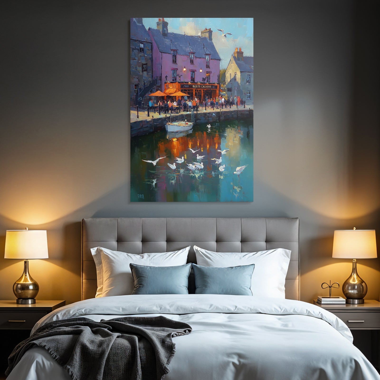Vibrant Hafenlandschaft Mit Buntem Gebäude Und Boot