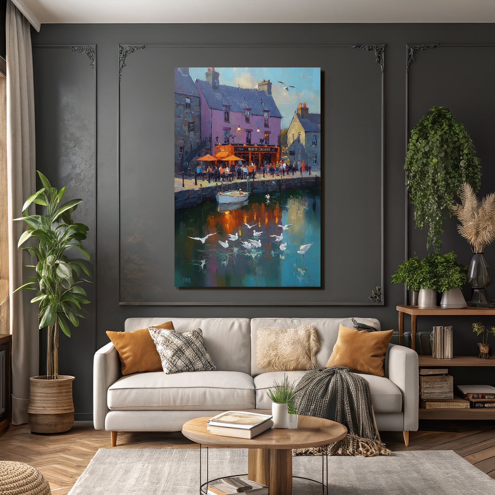 Vibrant Hafenlandschaft Mit Buntem Gebäude Und Boot