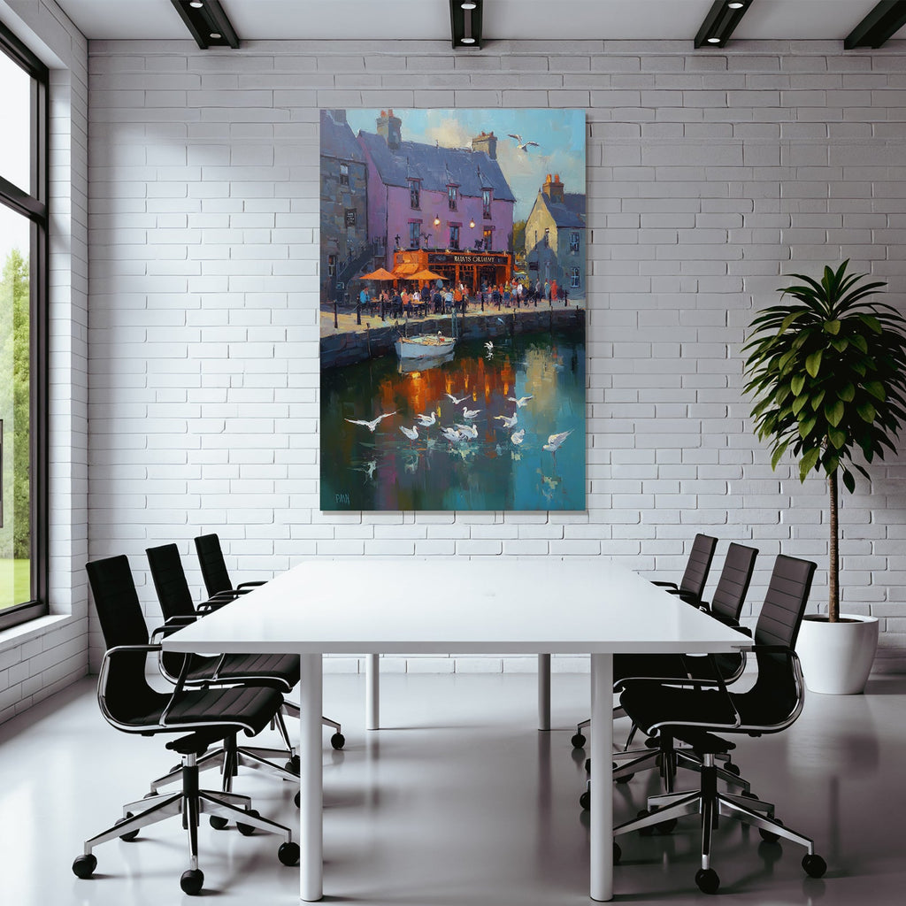 Vibrant Hafenlandschaft Mit Buntem Gebäude Und Boot