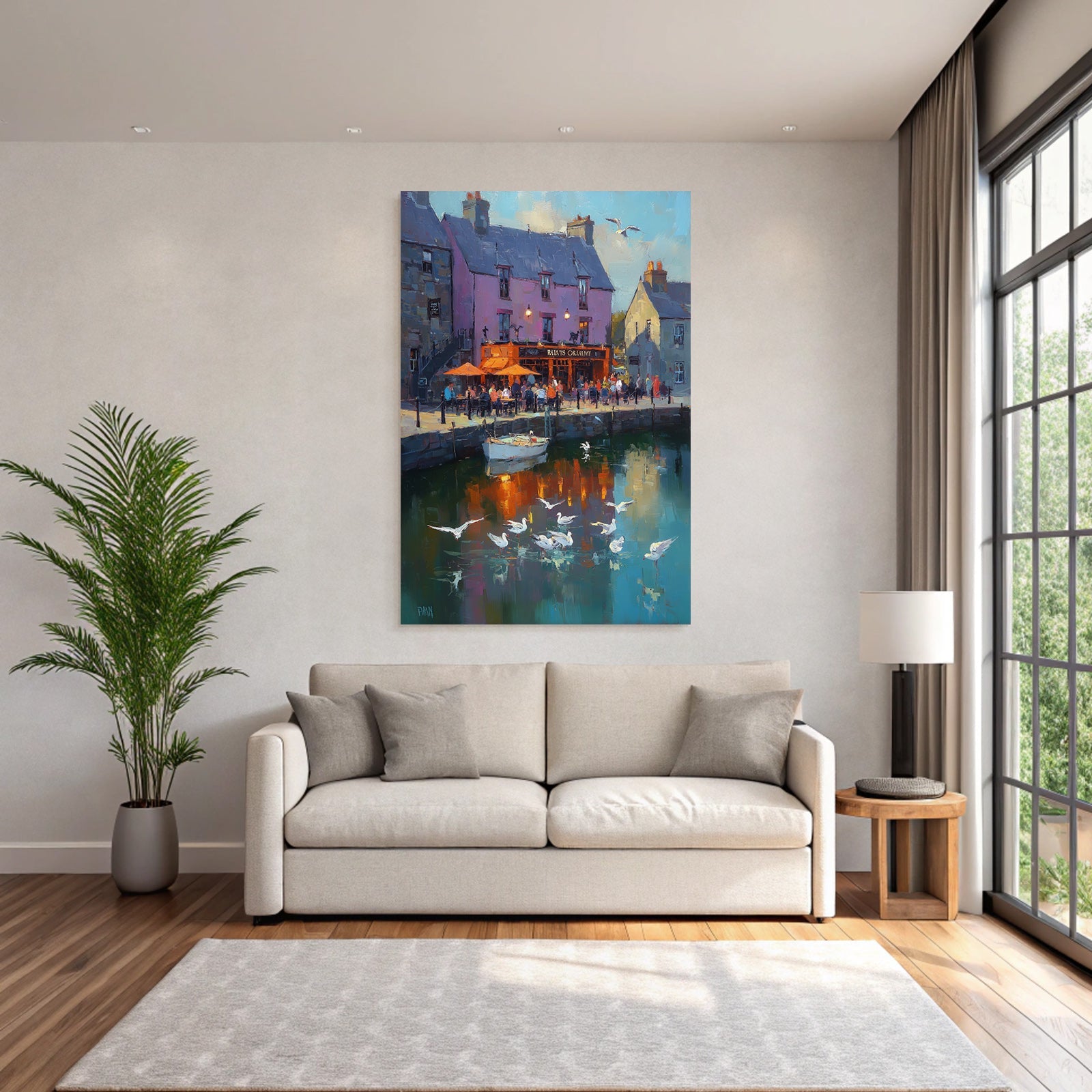 Vibrant Hafenlandschaft Mit Buntem Gebäude Und Boot