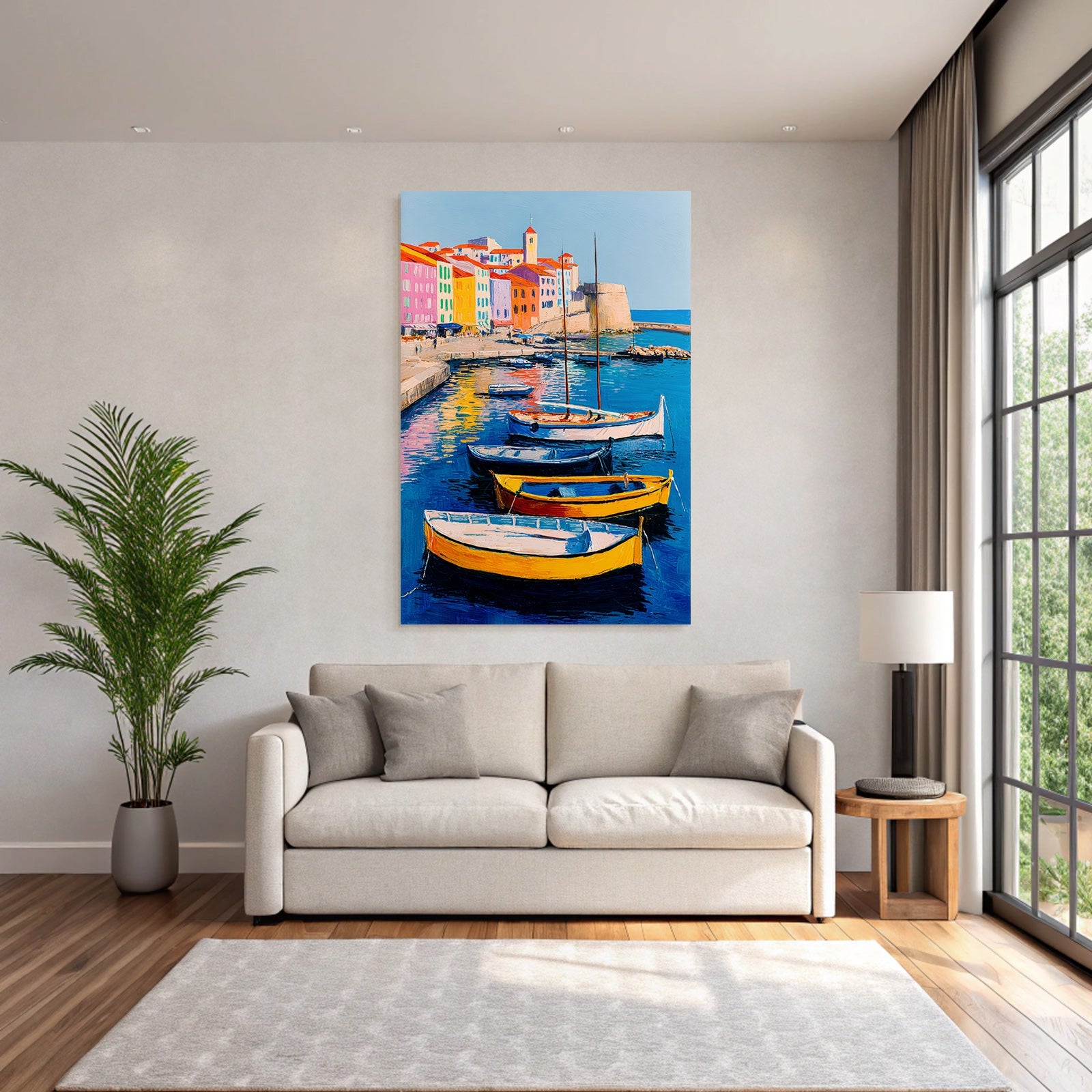 Vibrante Küstenlandschaft Hafen Boote Bunte Gebaude
