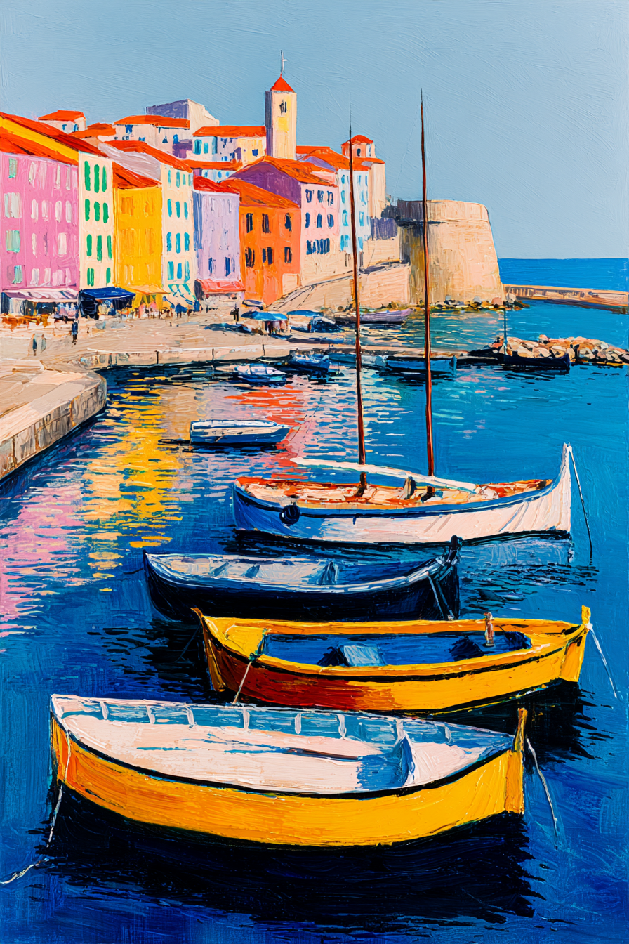 Vibrante Küstenlandschaft Hafen Boote Bunte Gebaude | Gruen Rosa Orange Lila | Farbenwelten