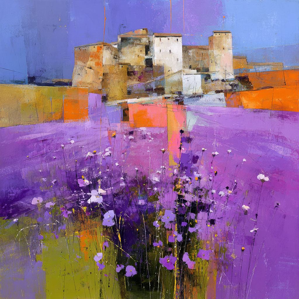 Abstracte Landschaft Mit Blumen Und Gebäude | Gruen Rosa Orange Lila | Farbenwelten