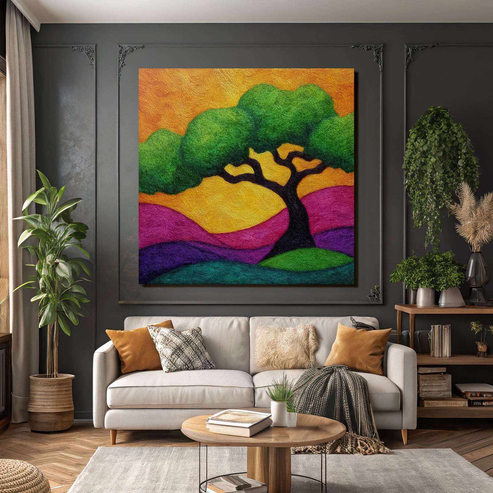 Bunt Baum In Traumhaften Landschaft Mit Swirling Farben