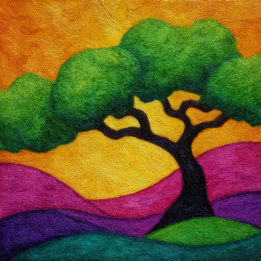 Bunt Baum In Traumhaften Landschaft Mit Swirling Farben | Gruen Rosa Orange Lila | Farbenwelten