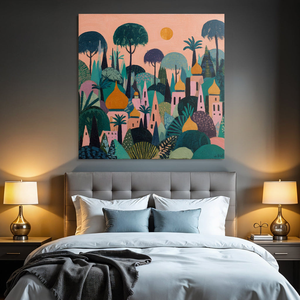 Bunte Abstrakte Landschaft Fantasie Wälder Und Gebäüde