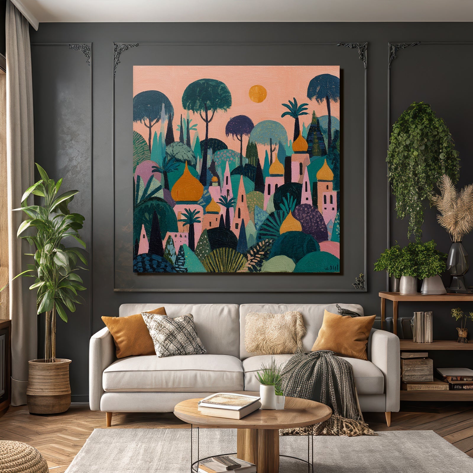 Bunte Abstrakte Landschaft Fantasie Wälder Und Gebäüde