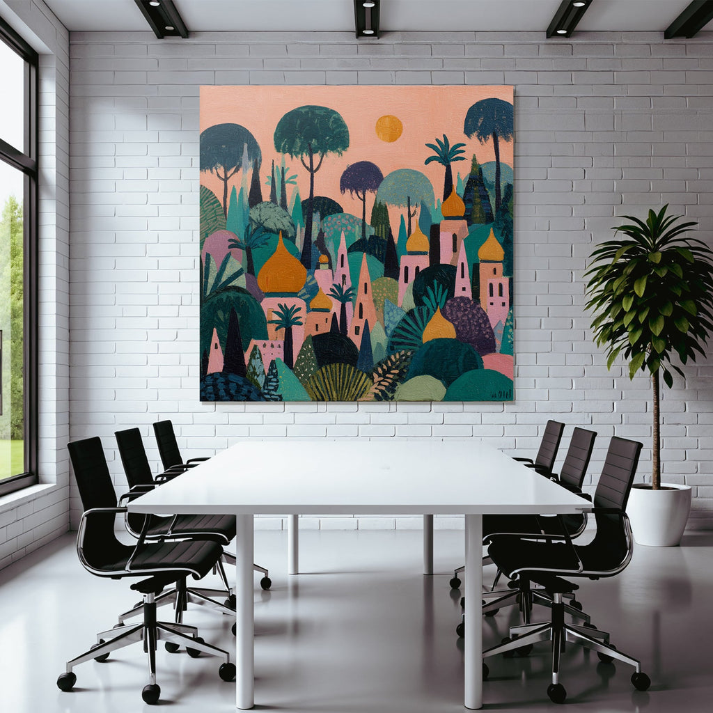 Bunte Abstrakte Landschaft Fantasie Wälder Und Gebäüde