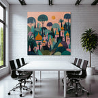 Bunte Abstrakte Landschaft Fantasie Wälder Und Gebäüde