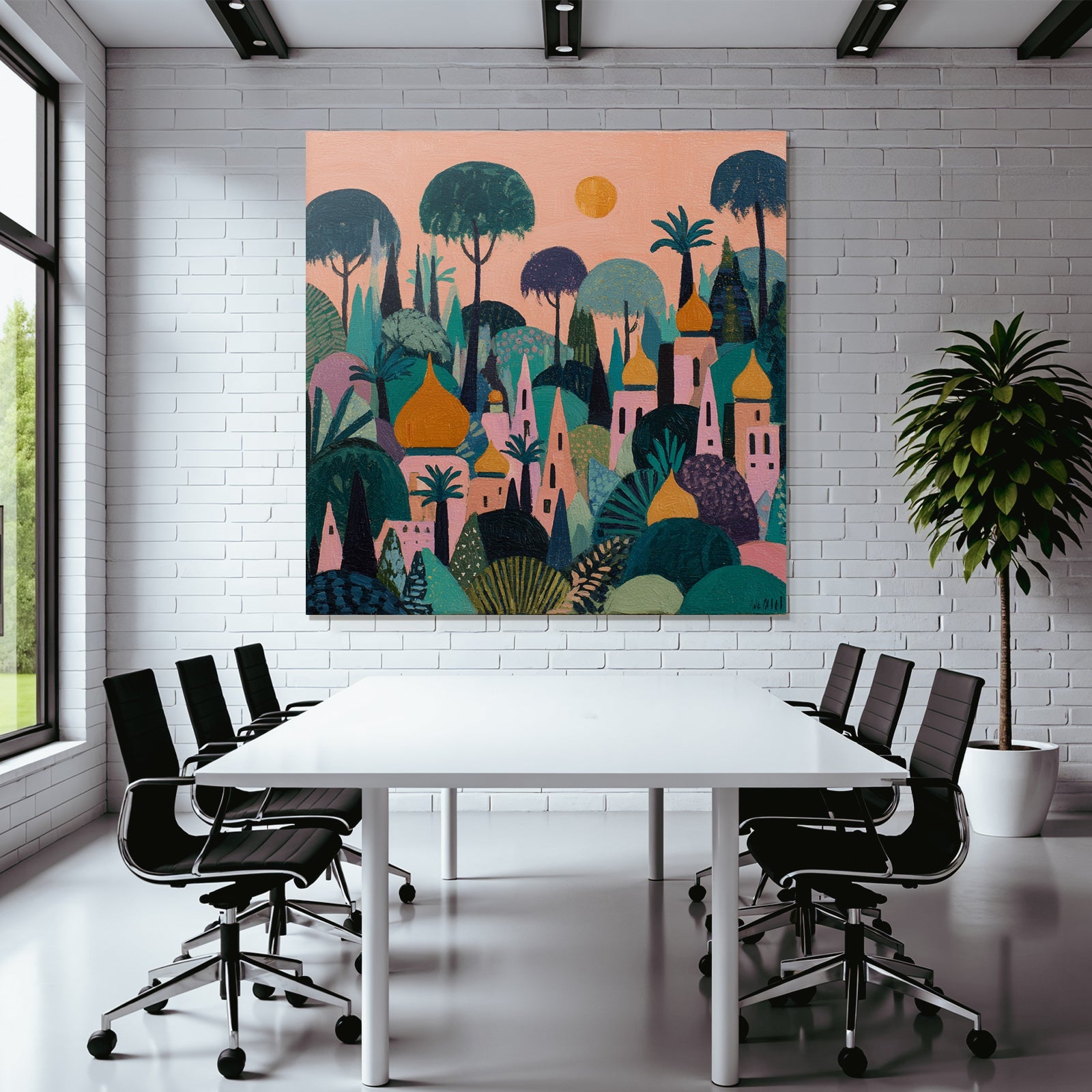 Bunte Abstrakte Landschaft Fantasie Wälder Und Gebäüde