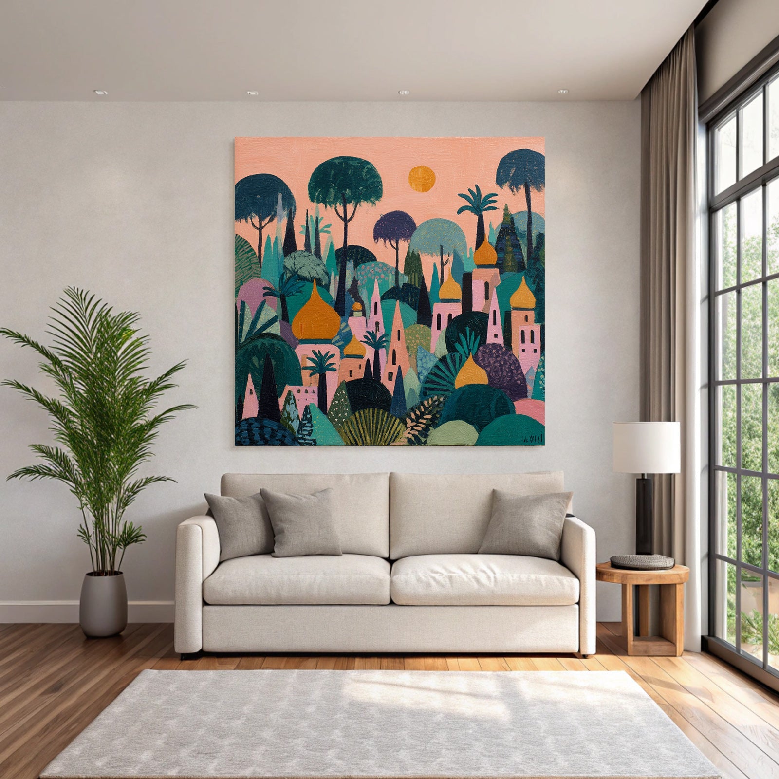 Bunte Abstrakte Landschaft Fantasie Wälder Und Gebäüde