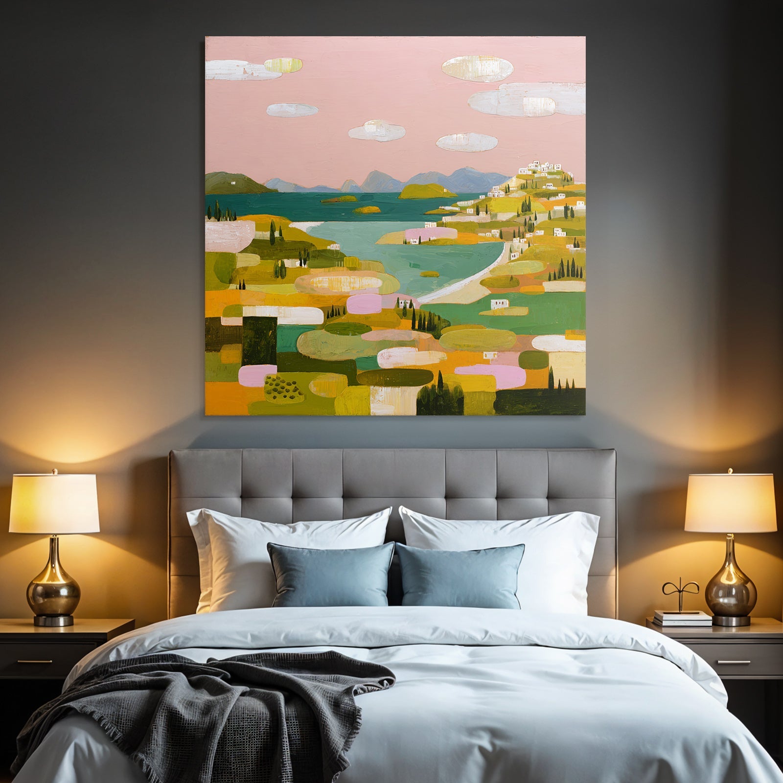 Bunte Landlandschaft Mit Dorf Und Wasser Abstract Elegant