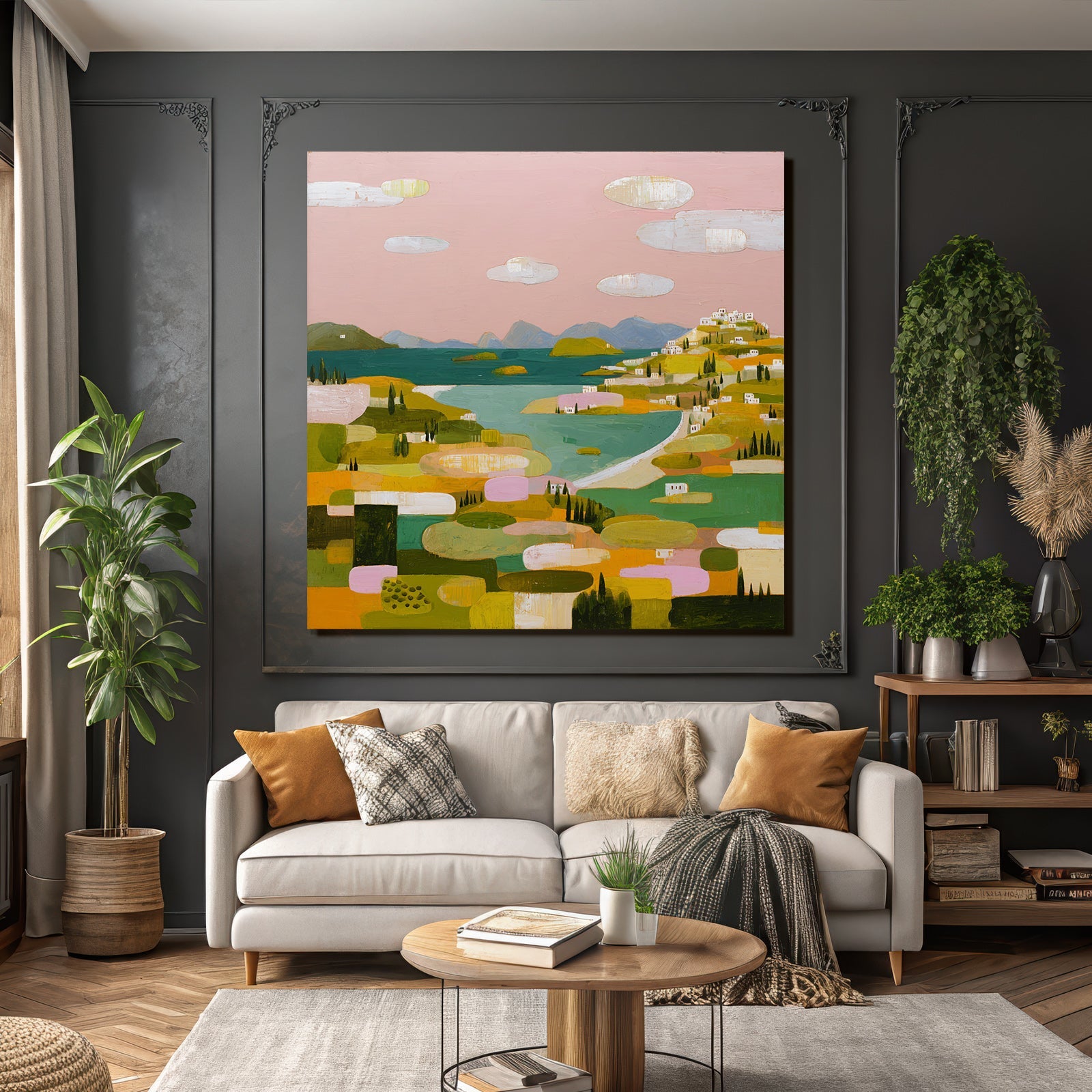 Bunte Landlandschaft Mit Dorf Und Wasser Abstract Elegant