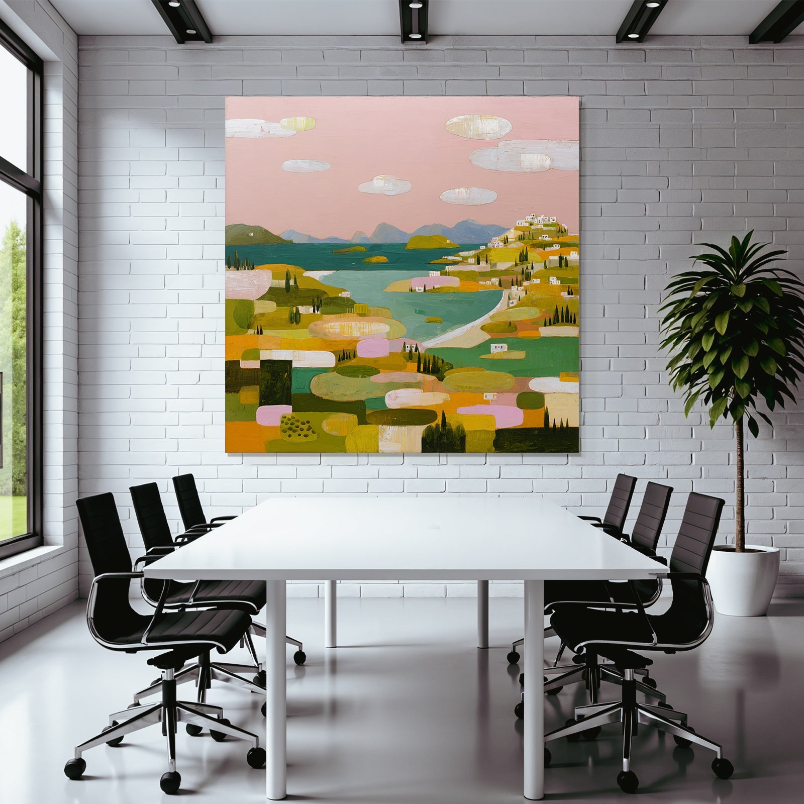 Bunte Landlandschaft Mit Dorf Und Wasser Abstract Elegant
