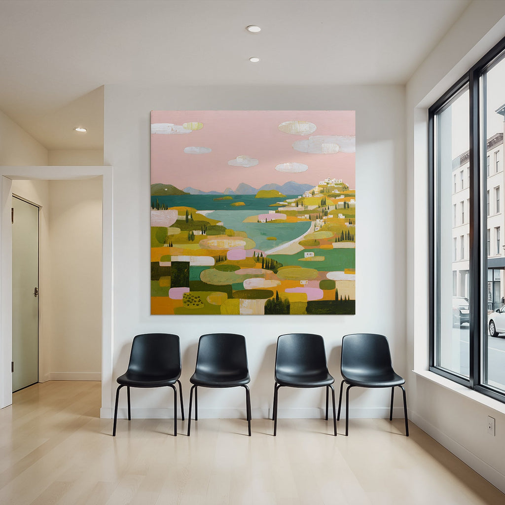 Bunte Landlandschaft Mit Dorf Und Wasser Abstract Elegant