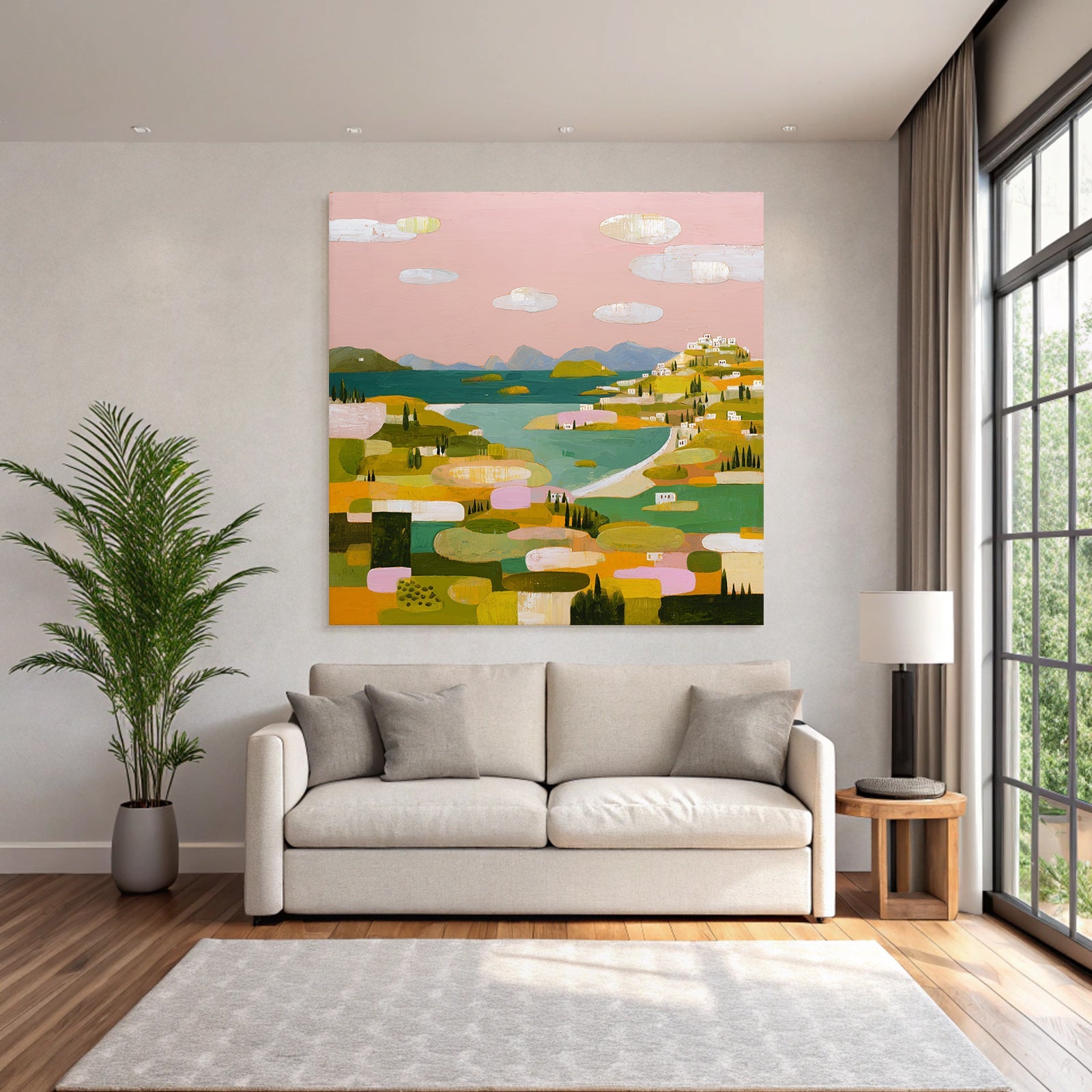 Bunte Landlandschaft Mit Dorf Und Wasser Abstract Elegant