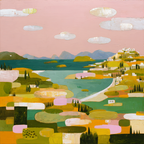 Bunte Landlandschaft Mit Dorf Und Wasser Abstract Elegant | Gruen Rosa Orange Lila | Farbenwelten