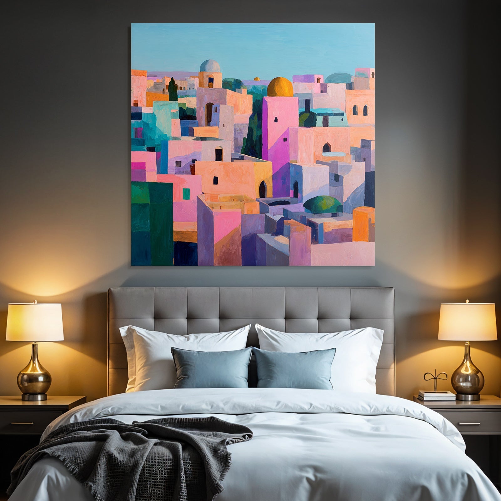 Bunte Stadtlandschaft Impressionistische Malerei Pastellfarben