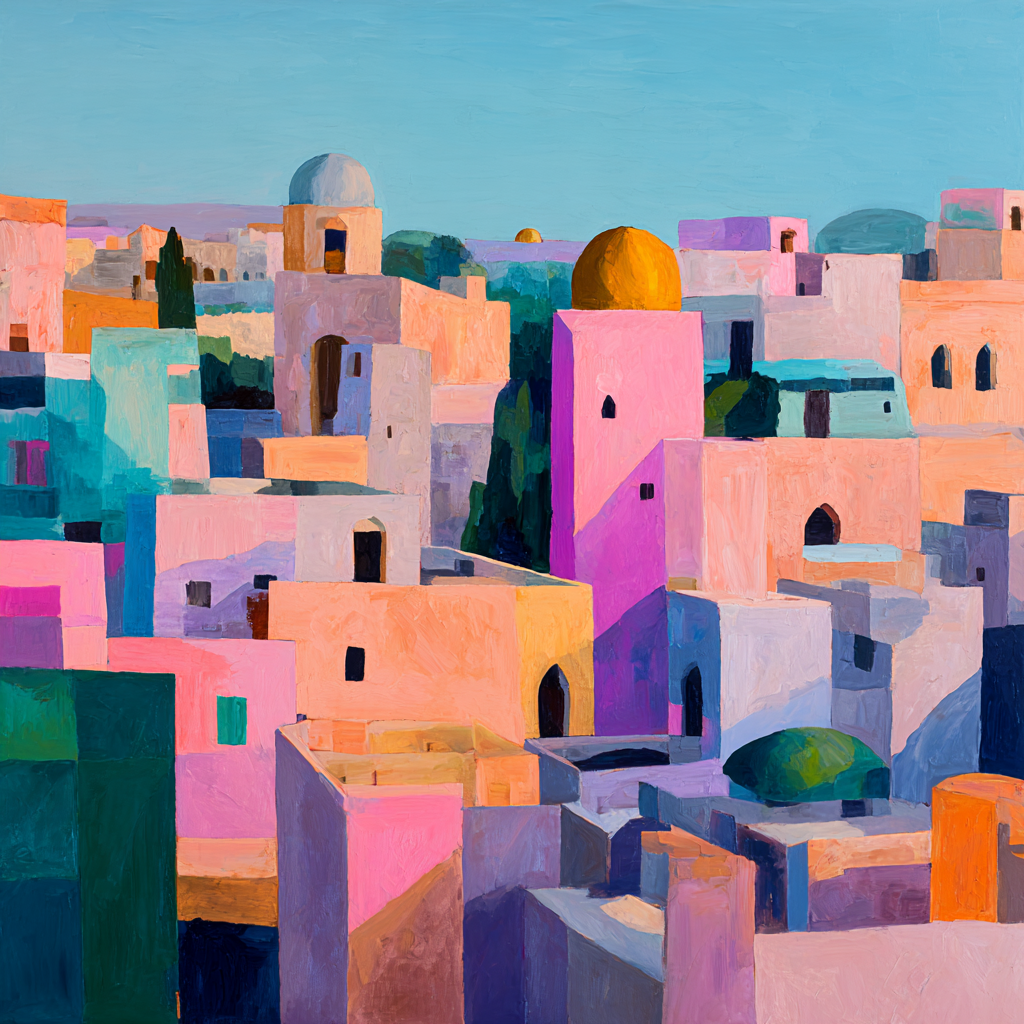 Bunte Stadtlandschaft Impressionistische Malerei Pastellfarben | Gruen Rosa Orange Lila | Farbenwelten