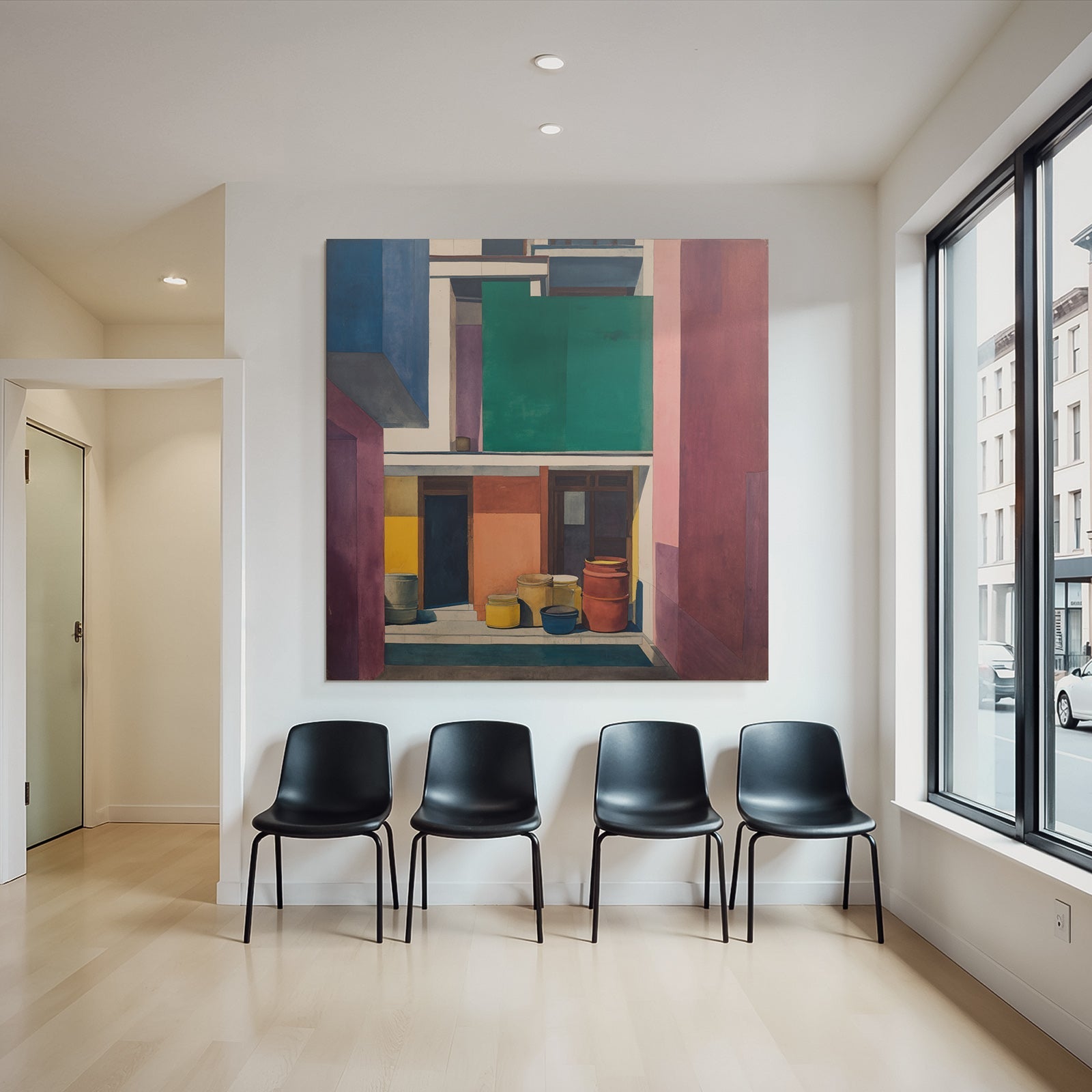 Buntes Geometrisches Kunstwerk Im Innenhof Mit Vielen Formen Und Farben