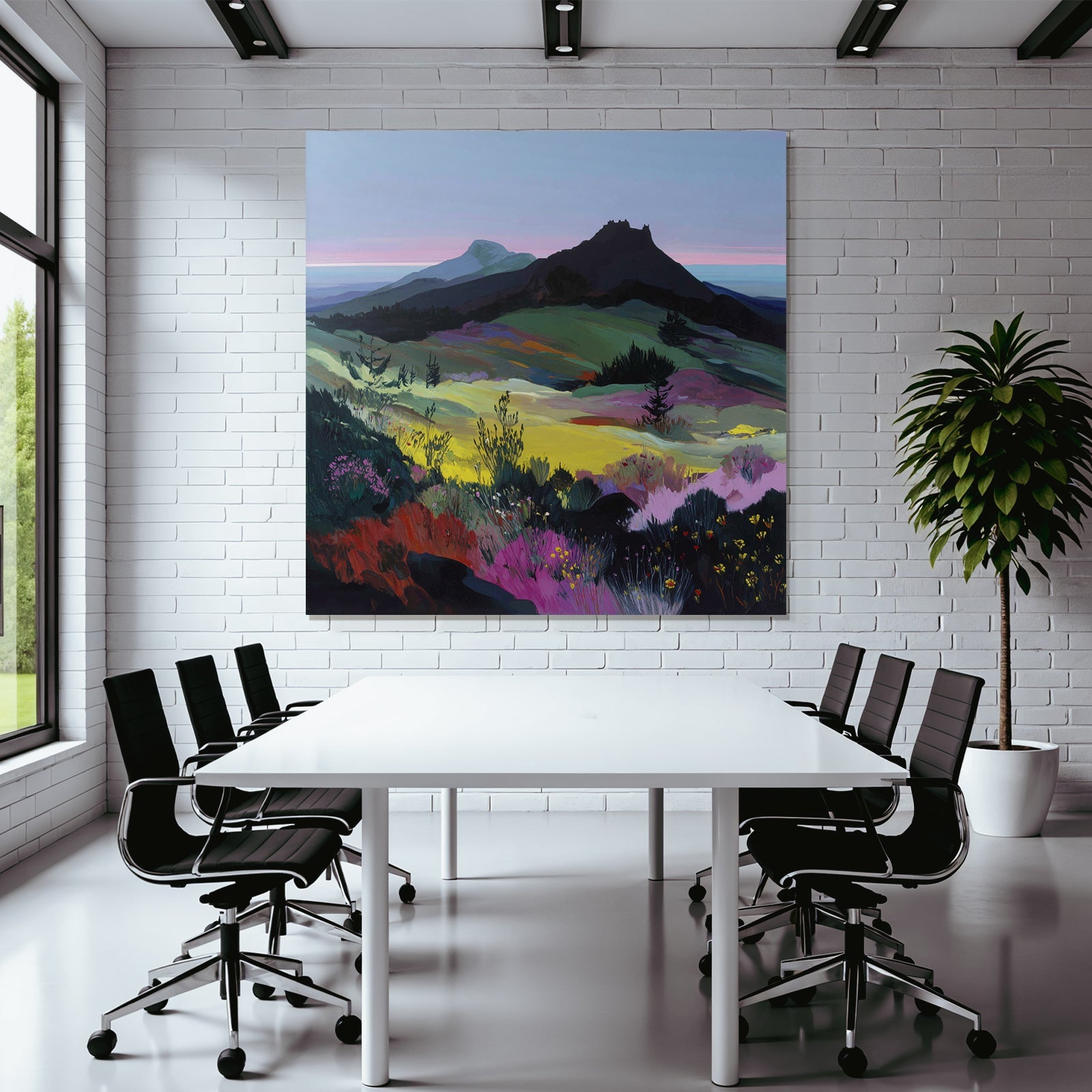 Buntes Landschaftsbild Mit Hügeln Und Bergen Sonnenaufgang Oder Sonnenuntergang
