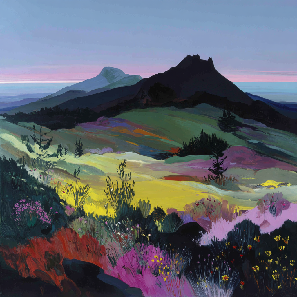 Buntes Landschaftsbild Mit Hügeln Und Bergen Sonnenaufgang Oder Sonnenuntergang | Gruen Rosa Orange Lila | Farbenwelten