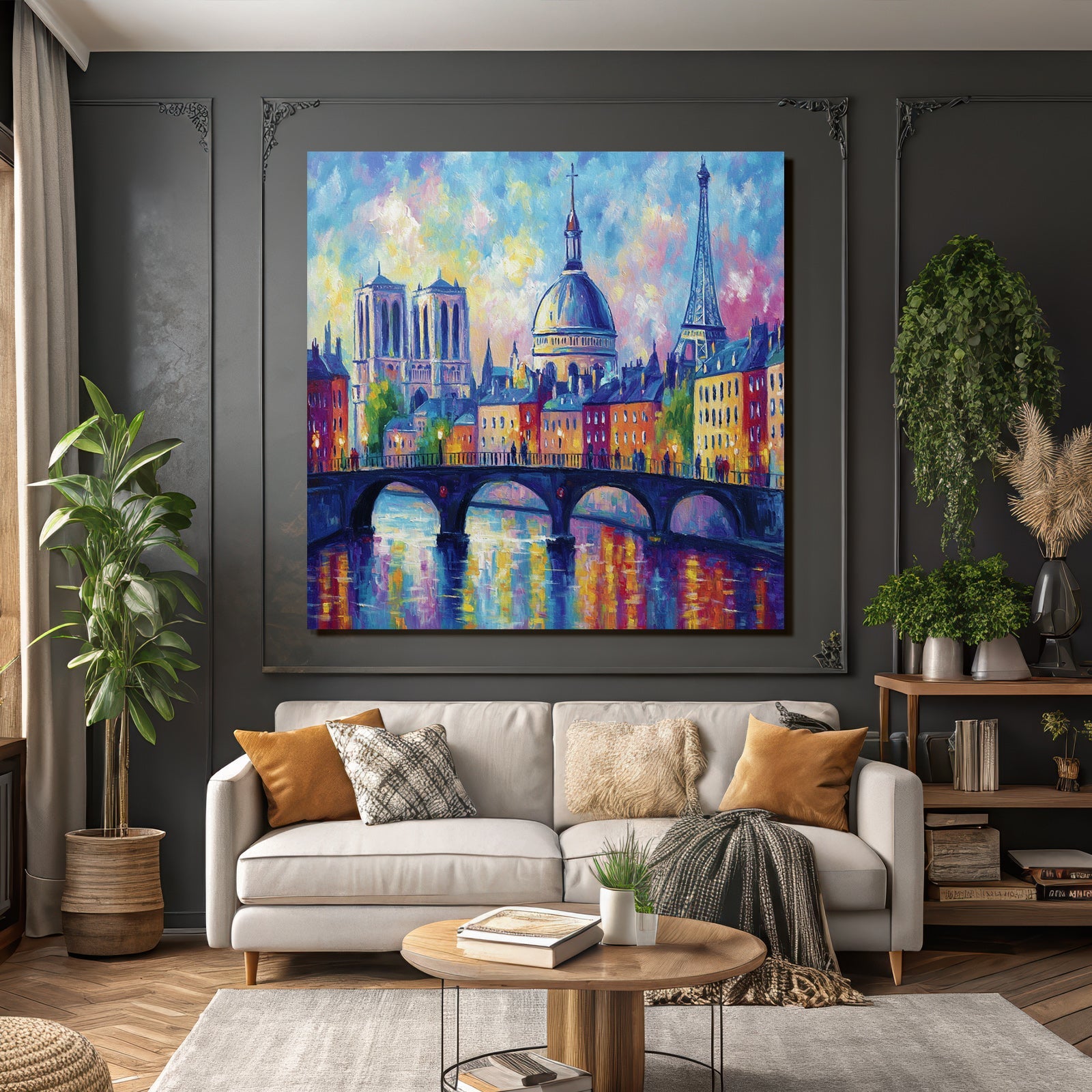 Farbenfrohes Impressionistisches Stadtbild Von Paris Mit Sehenswürdigkeiten
