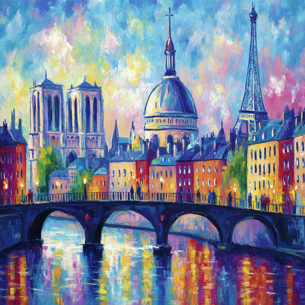 Farbenfrohes Impressionistisches Stadtbild Von Paris Mit Sehenswürdigkeiten | Gruen Rosa Orange Lila | Farbenwelten