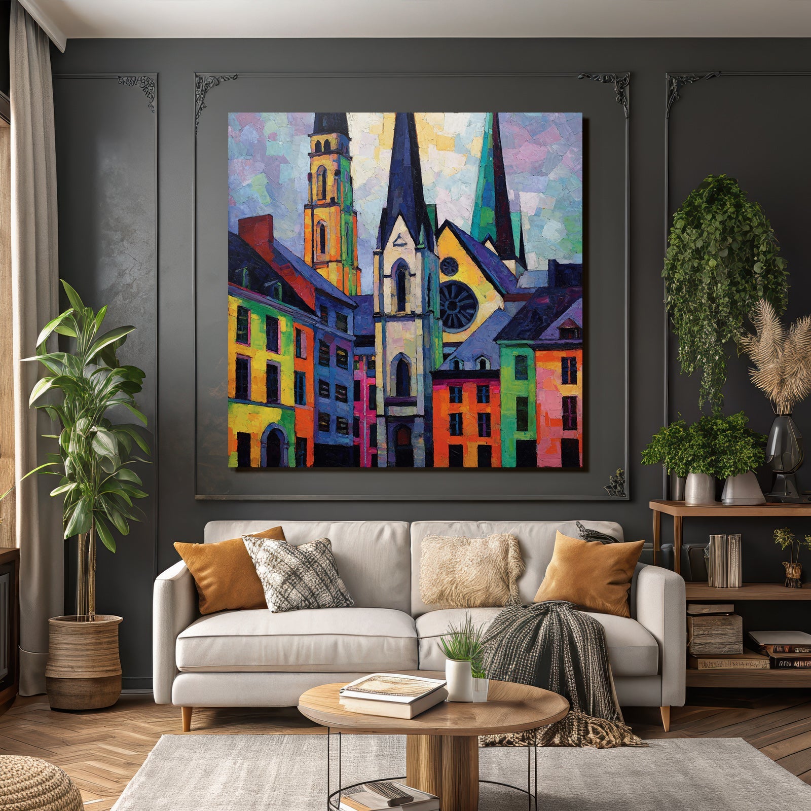Farbige Abstrakte Stadtlandschaft Mit Gebäuden Und Kirchtürmen