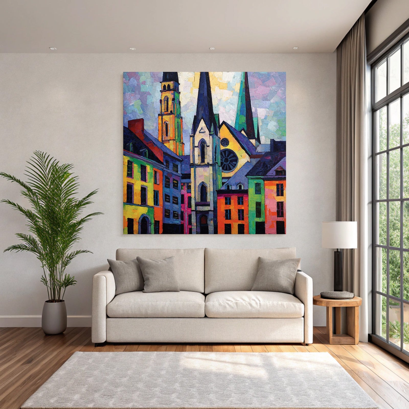 Farbige Abstrakte Stadtlandschaft Mit Gebäuden Und Kirchtürmen