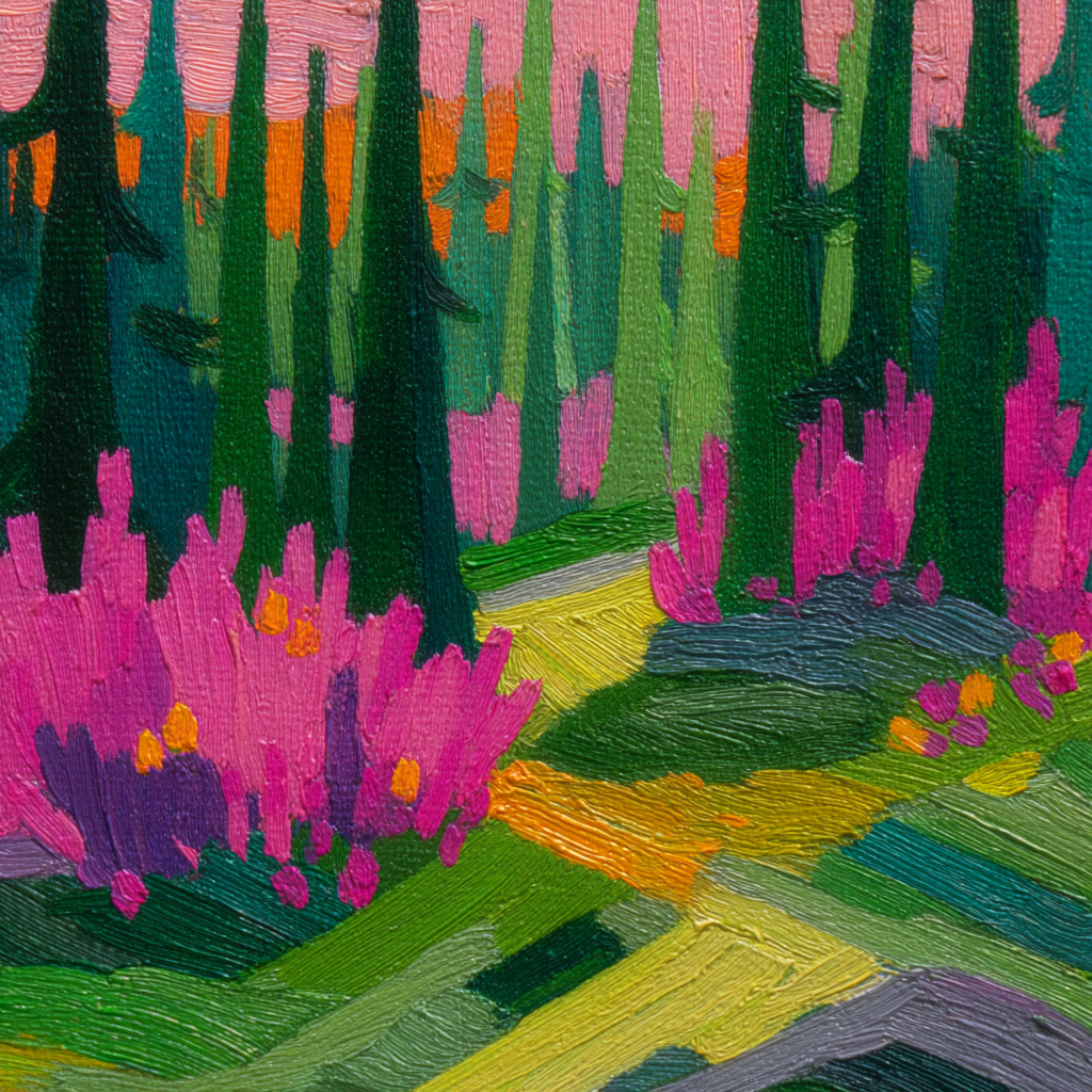 Lebendiger Bunter Wald Mit Blumen | Gruen Rosa Orange Lila | Farbenwelten