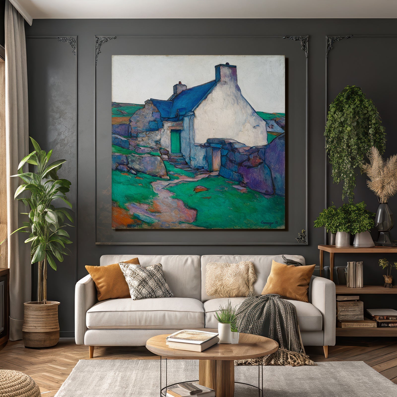 Rustikales Haus Mit Blaüm Dach In Landschaft