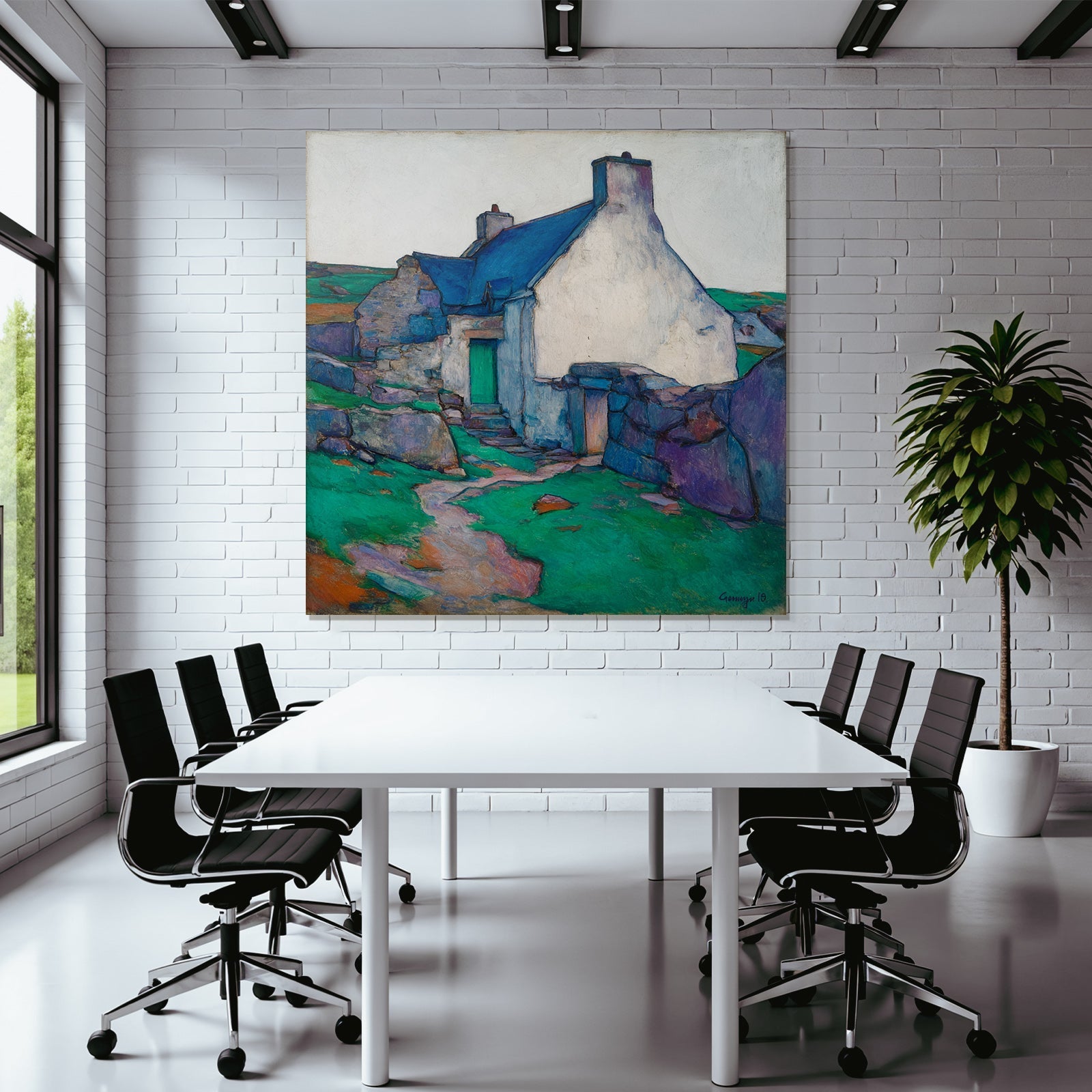 Rustikales Haus Mit Blaüm Dach In Landschaft