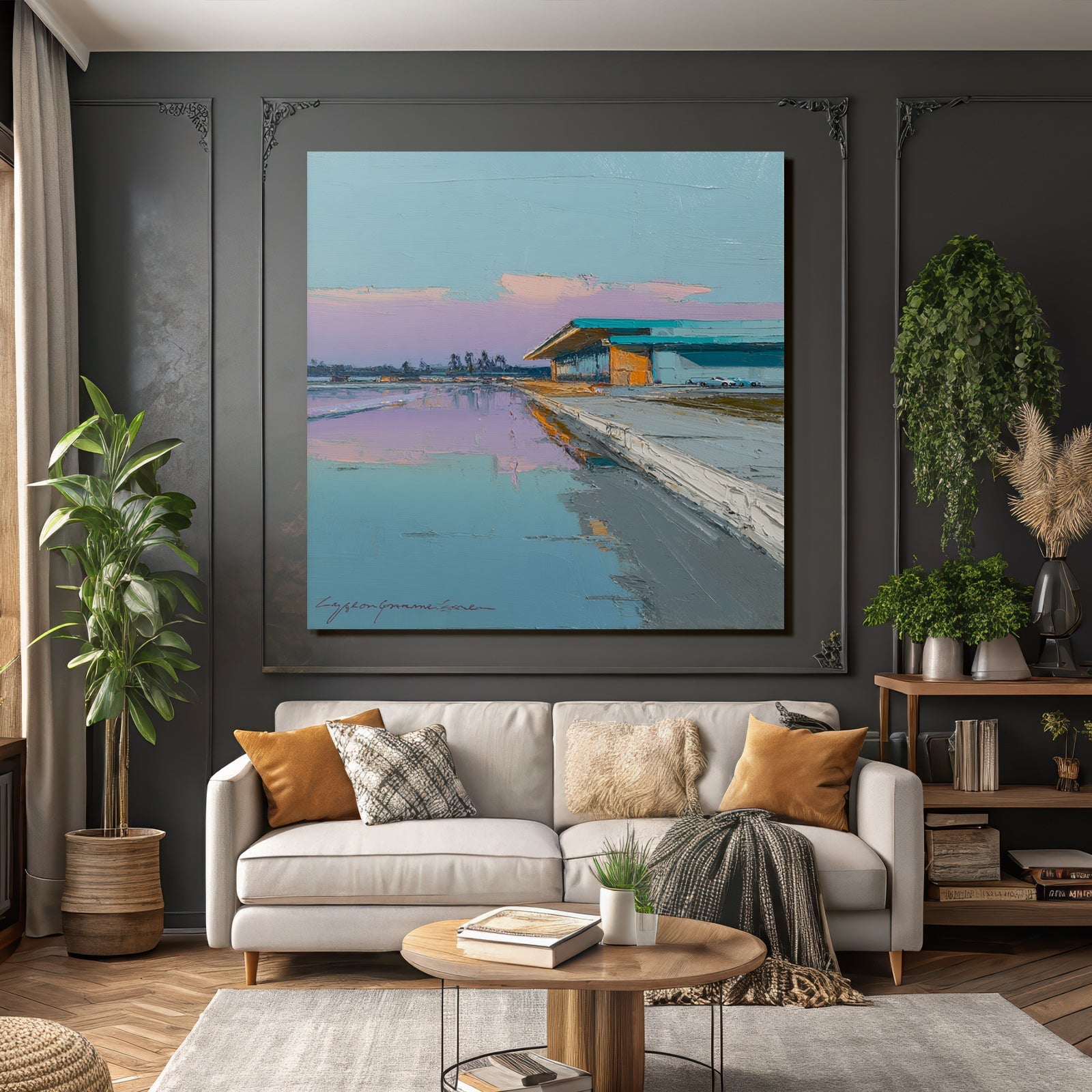 Ufer Szenen Mit Modernem Gebaude Und Palmbaumen Abendstimmung