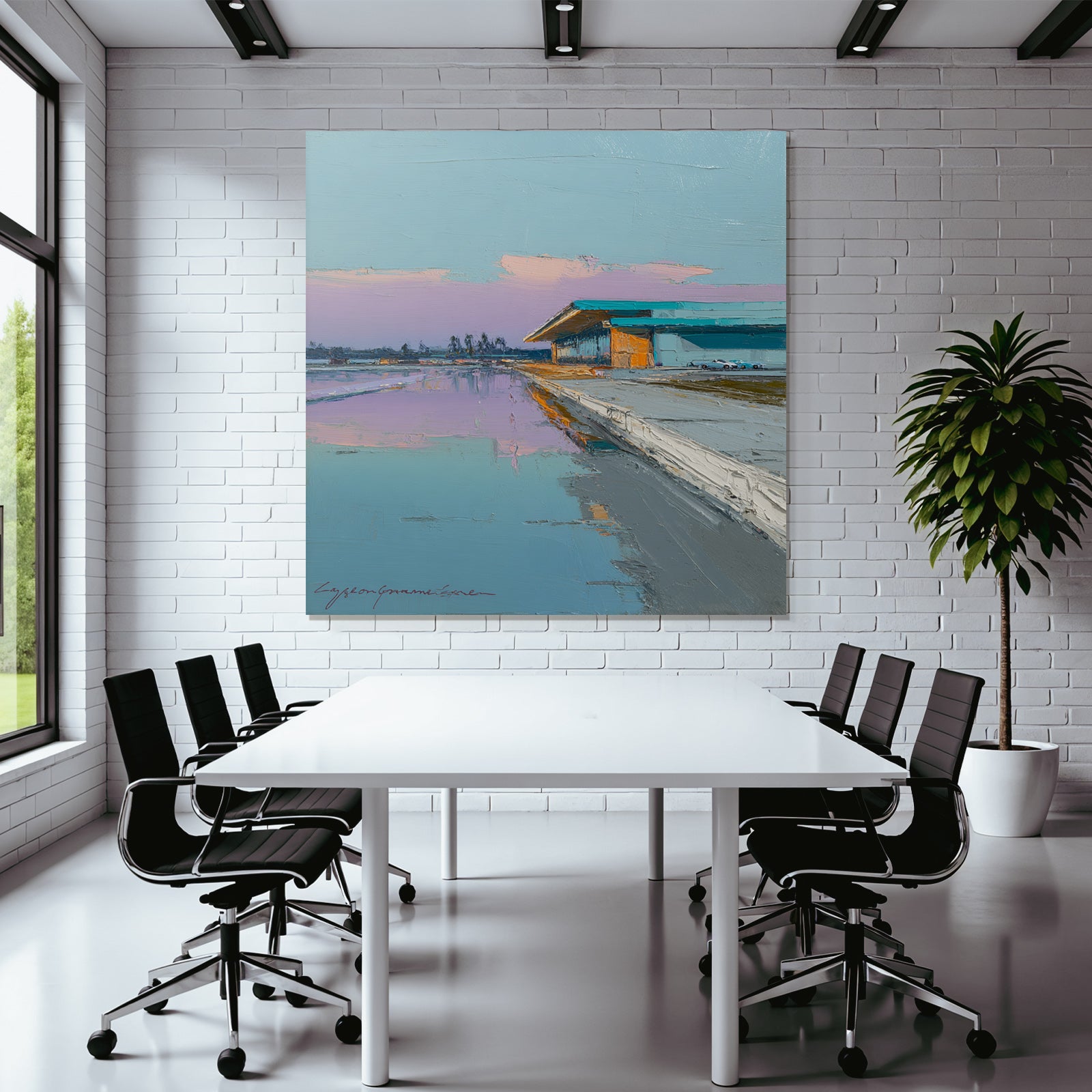 Ufer Szenen Mit Modernem Gebaude Und Palmbaumen Abendstimmung