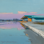 Ufer Szenen Mit Modernem Gebaude Und Palmbaumen Abendstimmung | Gruen Rosa Orange Lila | Farbenwelten
