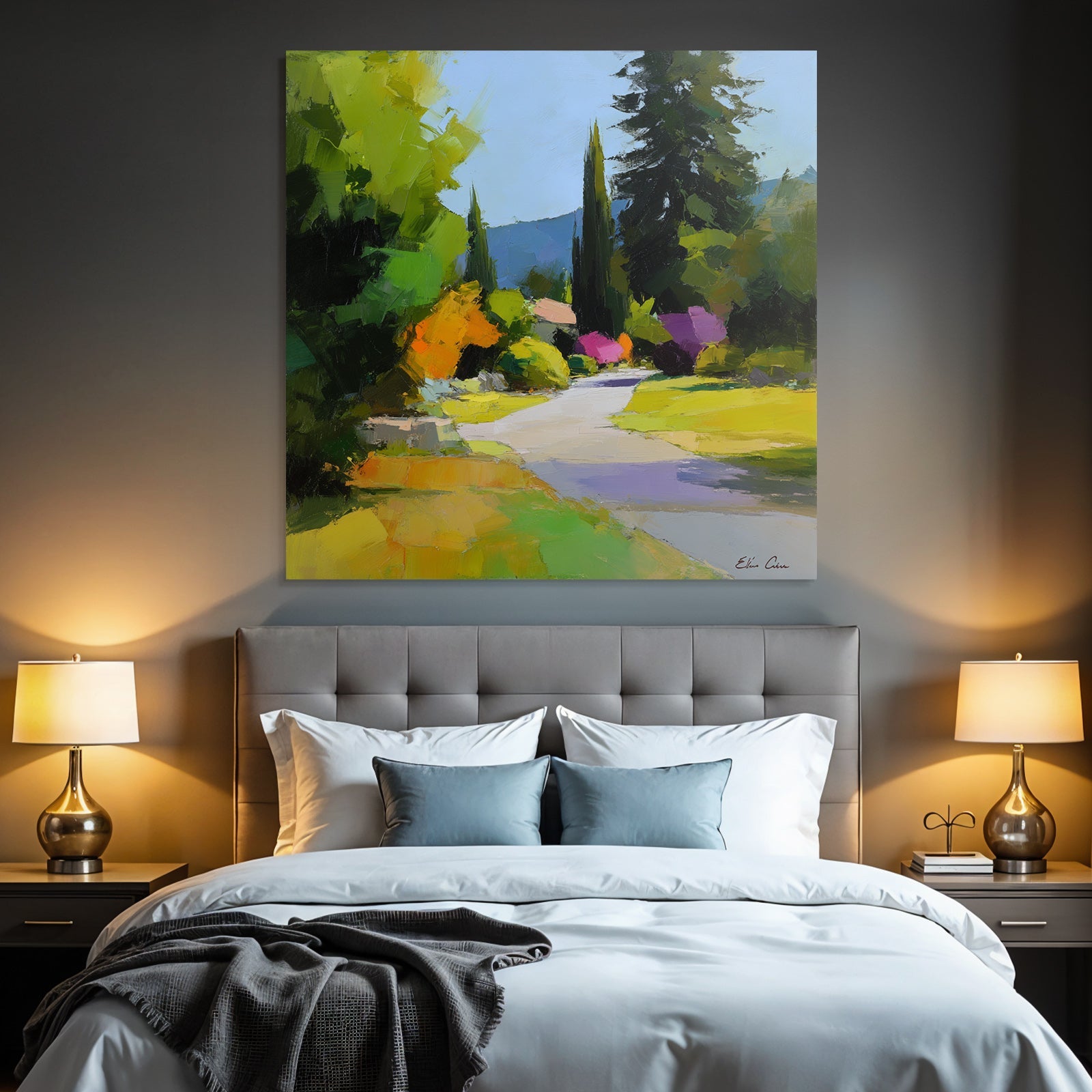 Vibrante Impressionistische Landschaft Mit Windendem Pfad Und Blühenden Büschen