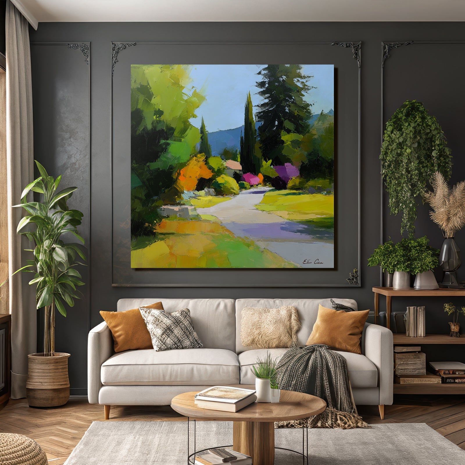 Vibrante Impressionistische Landschaft Mit Windendem Pfad Und Blühenden Büschen
