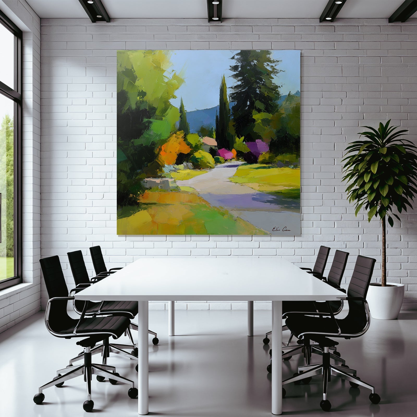 Vibrante Impressionistische Landschaft Mit Windendem Pfad Und Blühenden Büschen