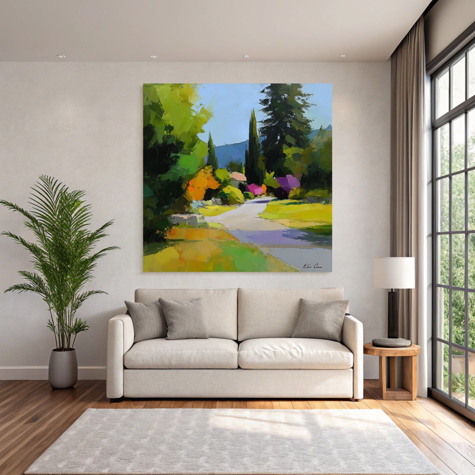 Vibrante Impressionistische Landschaft Mit Windendem Pfad Und Blühenden Büschen