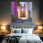 Vibrante Sonnenbeschienene Gasse Mit Farbigen Gebäuden Im Impressionistischen Stil