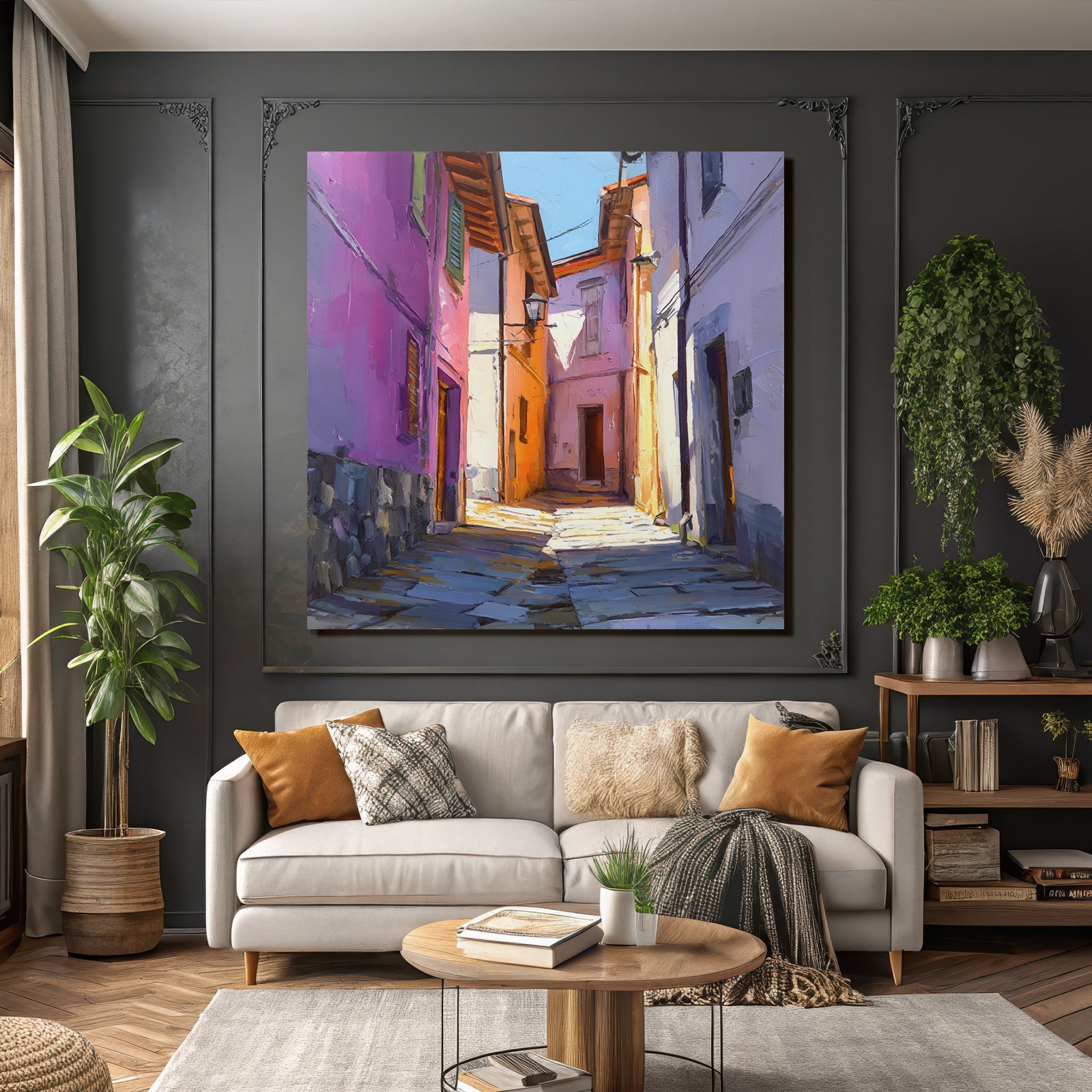 Vibrante Sonnenbeschienene Gasse Mit Farbigen Gebäuden Im Impressionistischen Stil