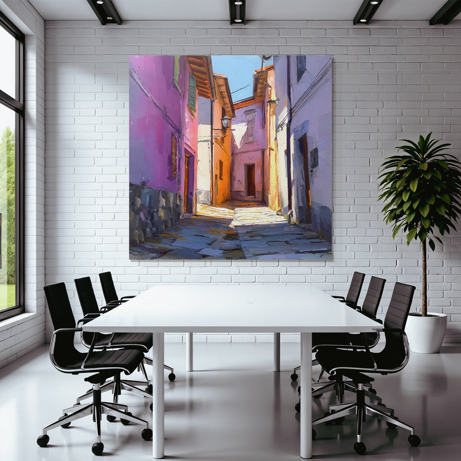 Vibrante Sonnenbeschienene Gasse Mit Farbigen Gebäuden Im Impressionistischen Stil