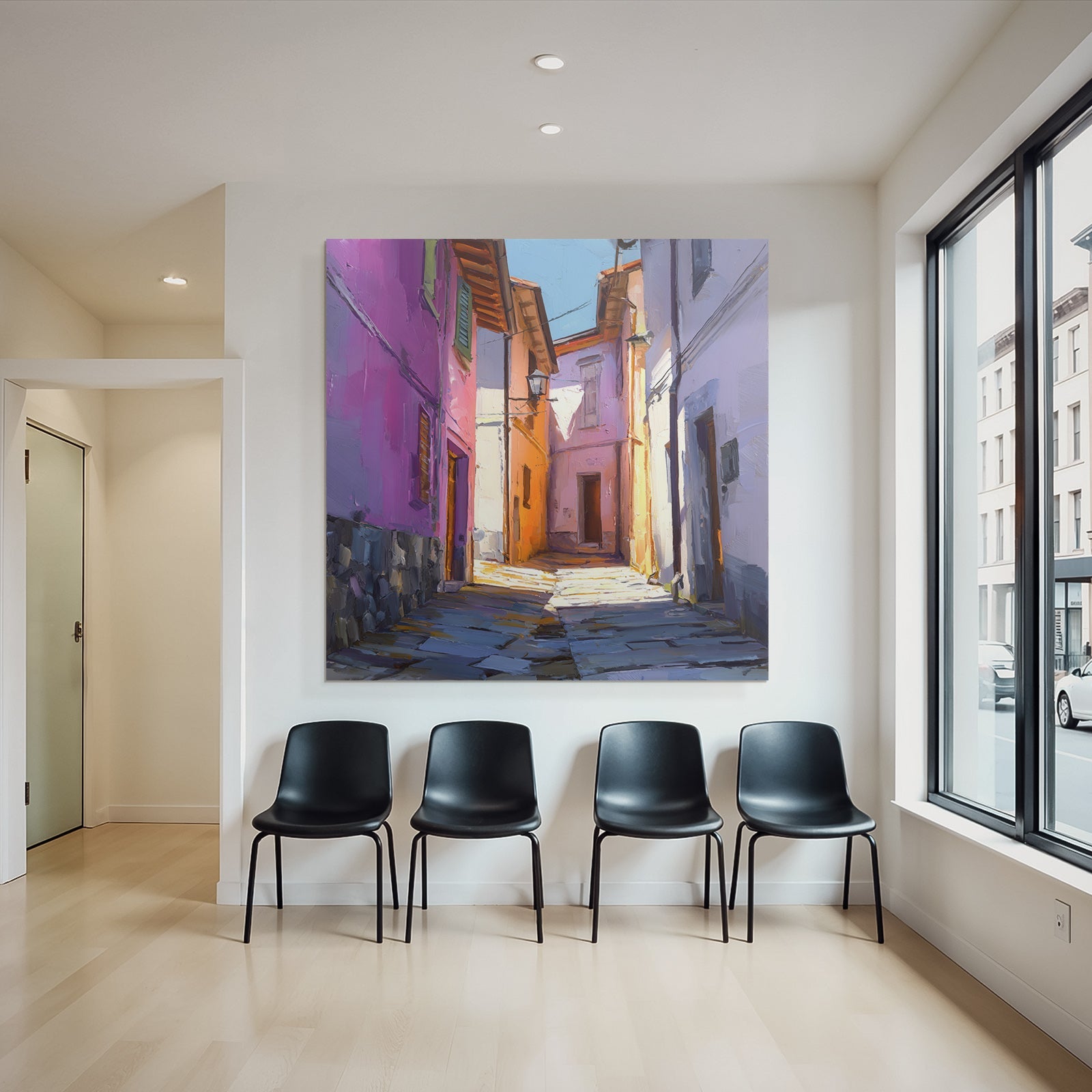 Vibrante Sonnenbeschienene Gasse Mit Farbigen Gebäuden Im Impressionistischen Stil