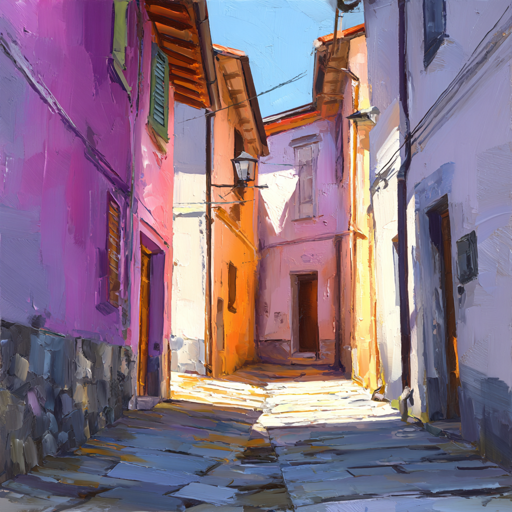 Vibrante Sonnenbeschienene Gasse Mit Farbigen Gebäuden Im Impressionistischen Stil | Gruen Rosa Orange Lila | Farbenwelten