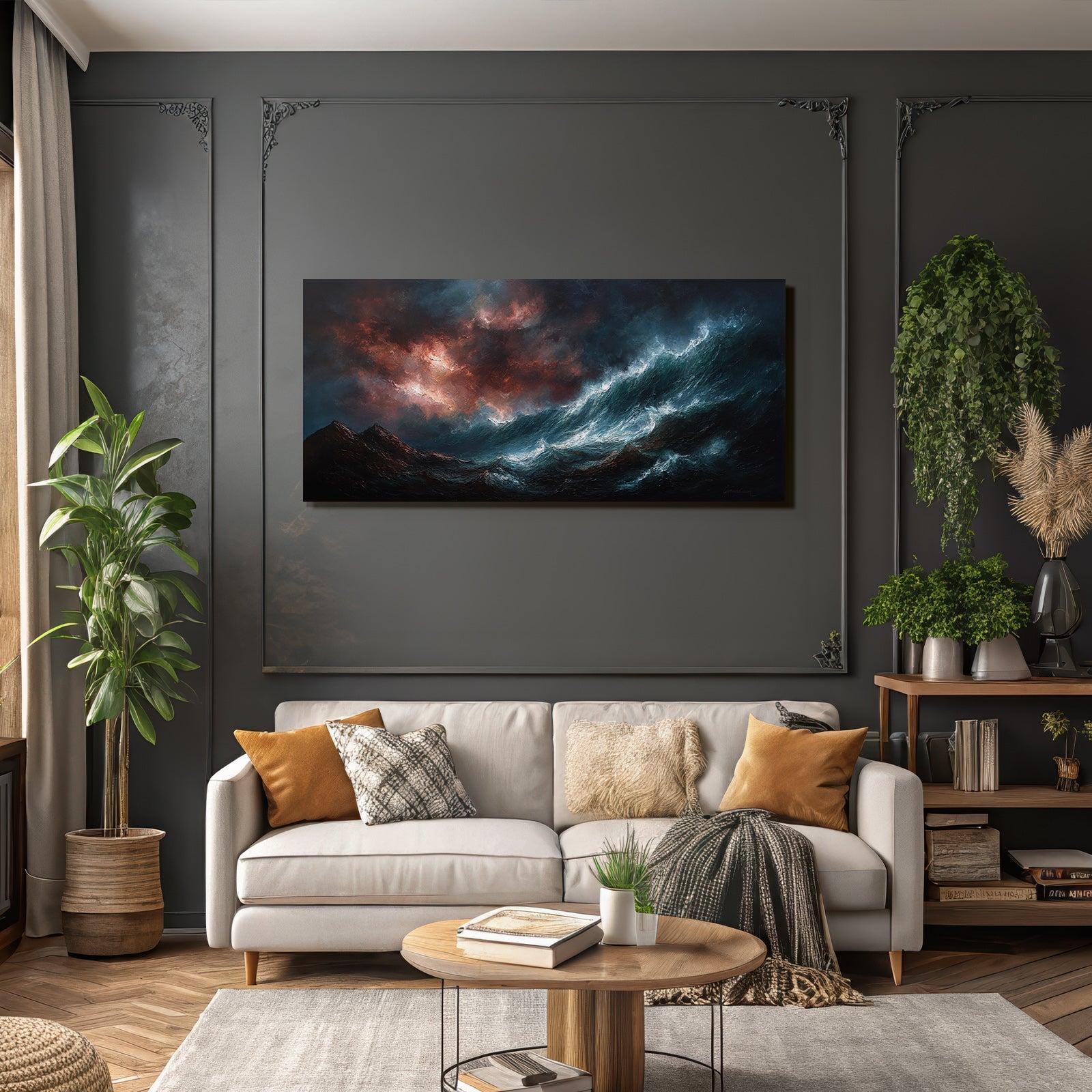 Bronze Anthrazit Terrakotta Dramatische Sturm Und Ozean Mit Rot Orange Himmel